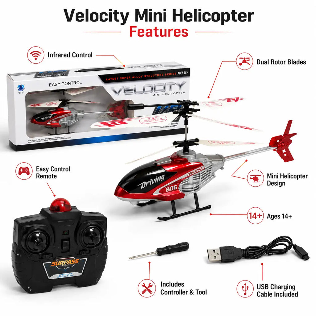 Velocity infrared remote control mini helicopter features with dual rotor blades, controller, USB charging cable and accessories