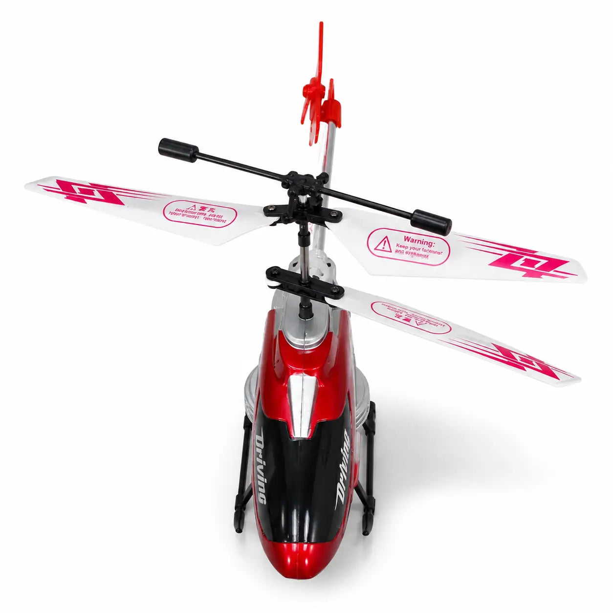Red black and silver Velocity mini helicopter front top view with white dual rotor blades