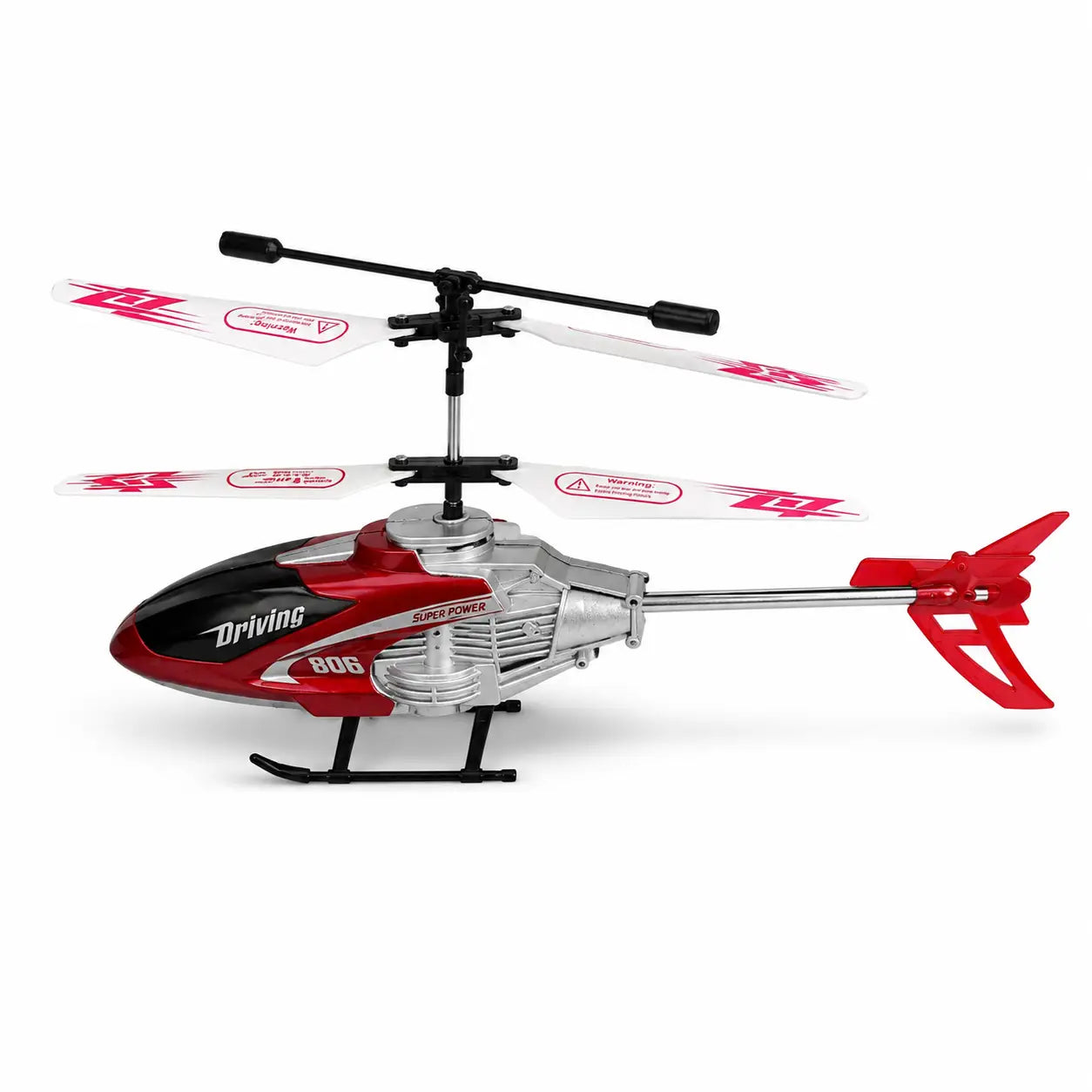 Velocity remote control mini helicopter side view showing dual rotor blades, silver body and red tail