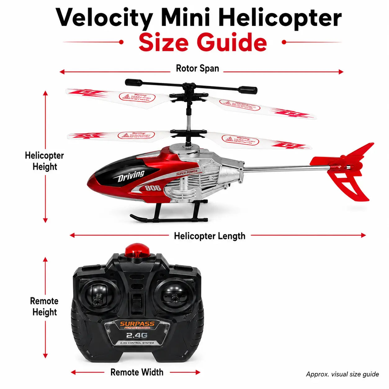 Velocity mini helicopter and remote controller visual size guide showing helicopter length, height and rotor span