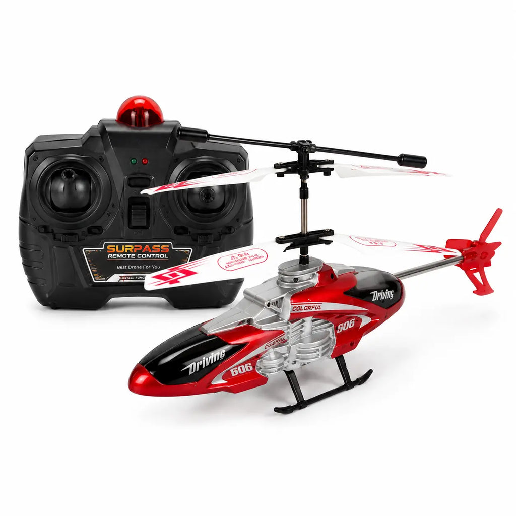 Velocity infrared mini helicopter displayed with black remote controller on white background