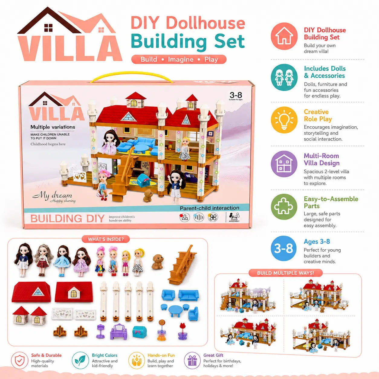 VILLA DIY dollhouse building set features with dolls furniture modular rooms and multiple building layouts