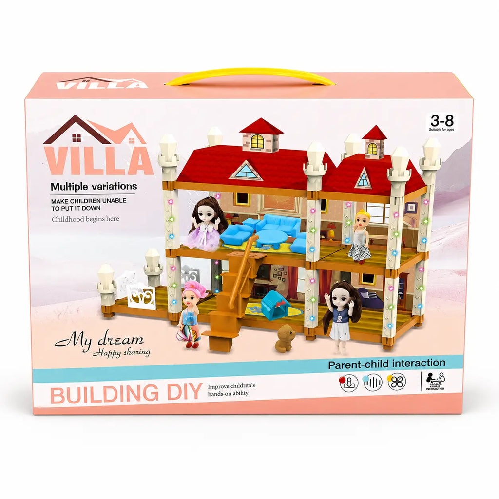 VILLA Building DIY dollhouse set retail box showing multi-room villa dolls stairs and furniture