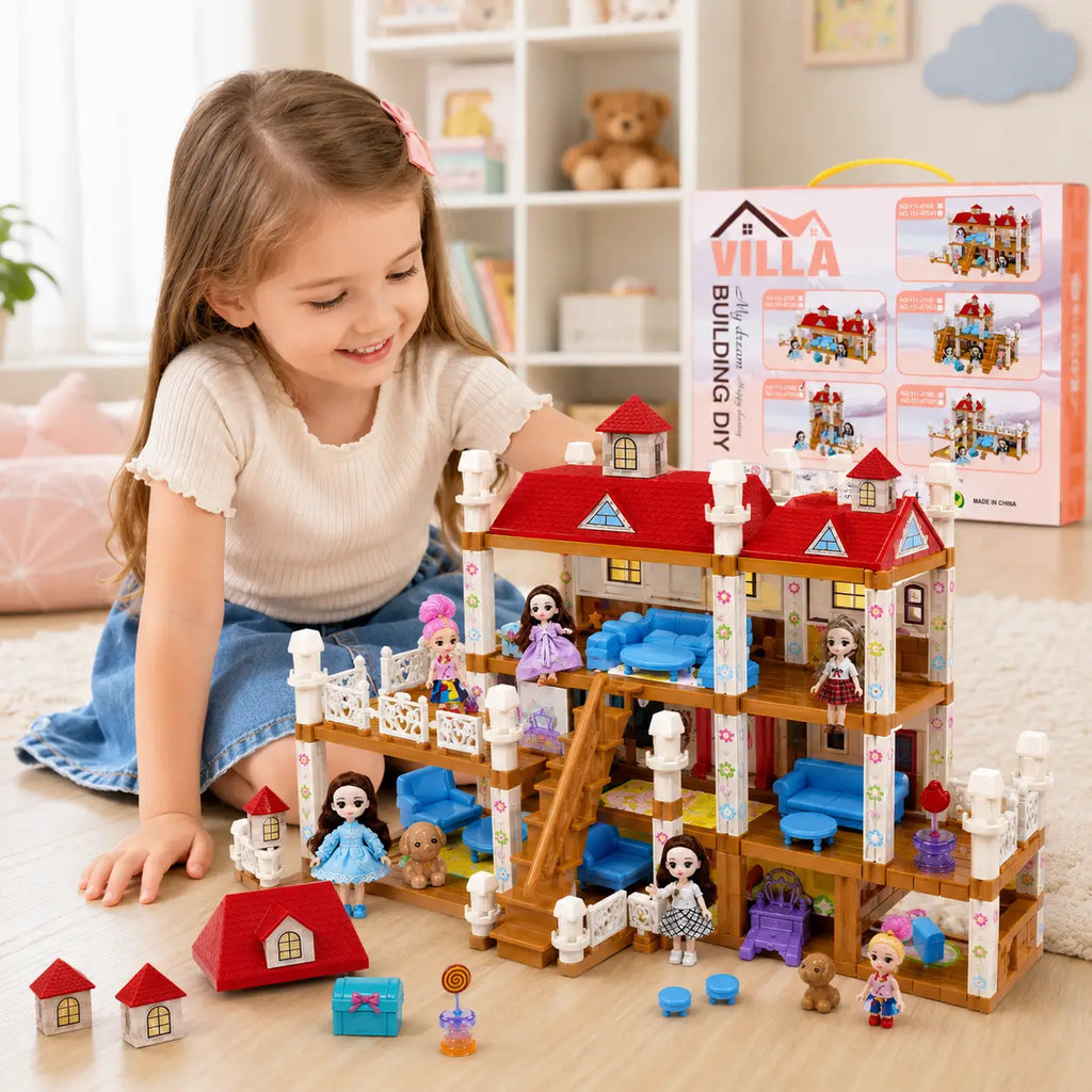 Young child playing with VILLA DIY multi-room dollhouse building set with dolls and miniature furniture