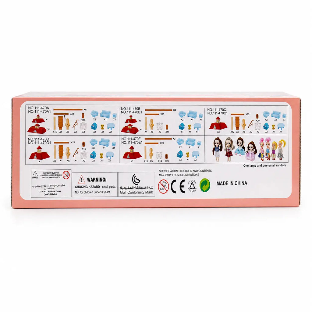 VILLA DIY dollhouse packaging specifications showing building parts furniture and assorted doll options
