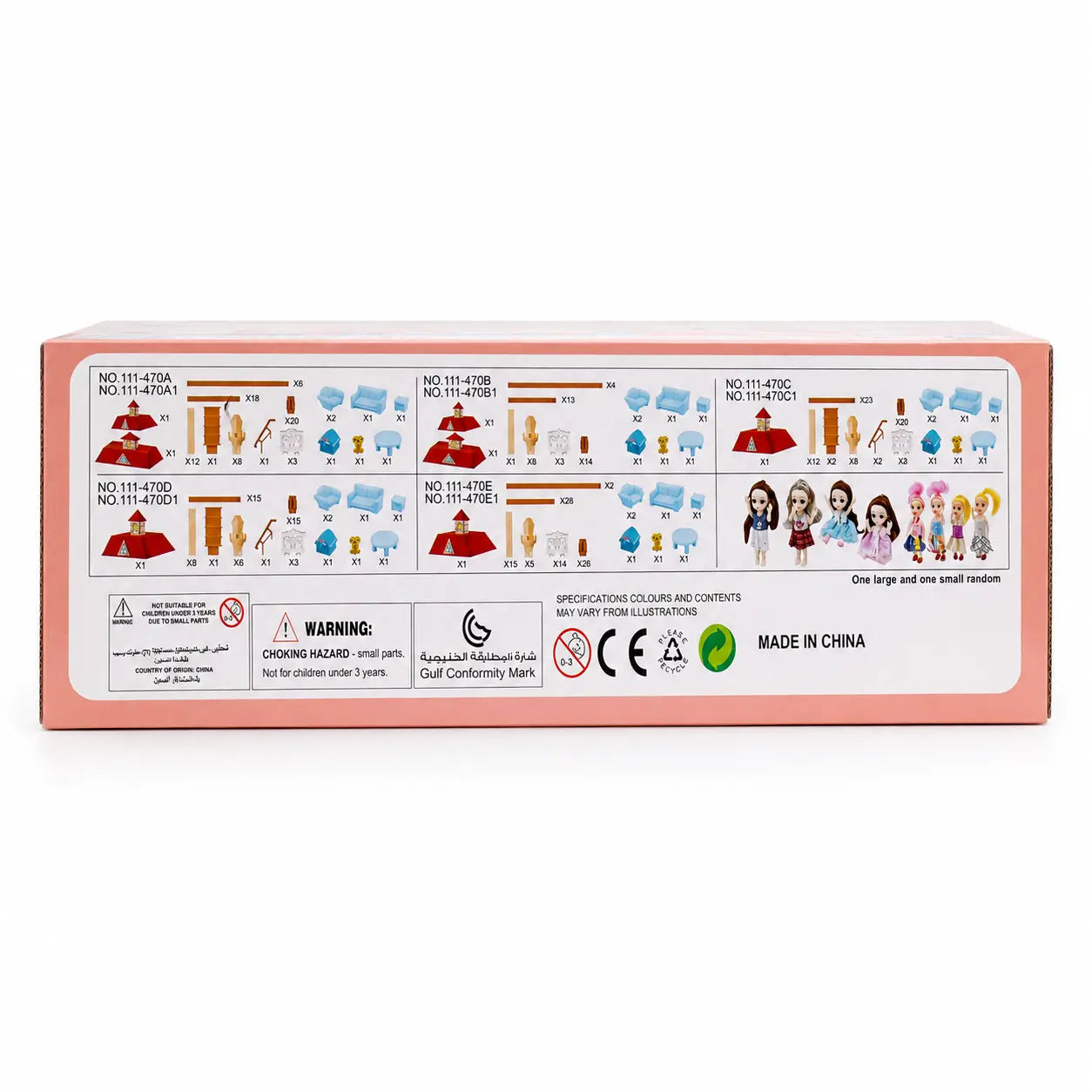 VILLA DIY dollhouse packaging specifications showing building parts furniture and assorted doll options