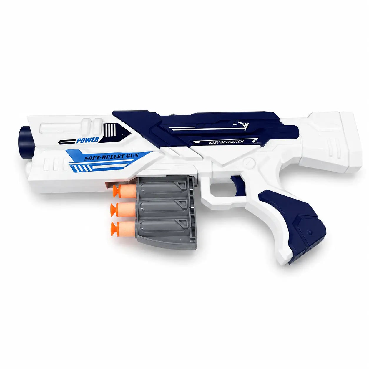 White and navy blue kids soft bullet gun with grey rotating magazine and orange tip foam darts