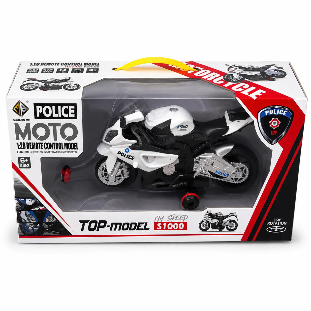 White police remote control motorcycle toy with 360-degree rotation in retail packaging