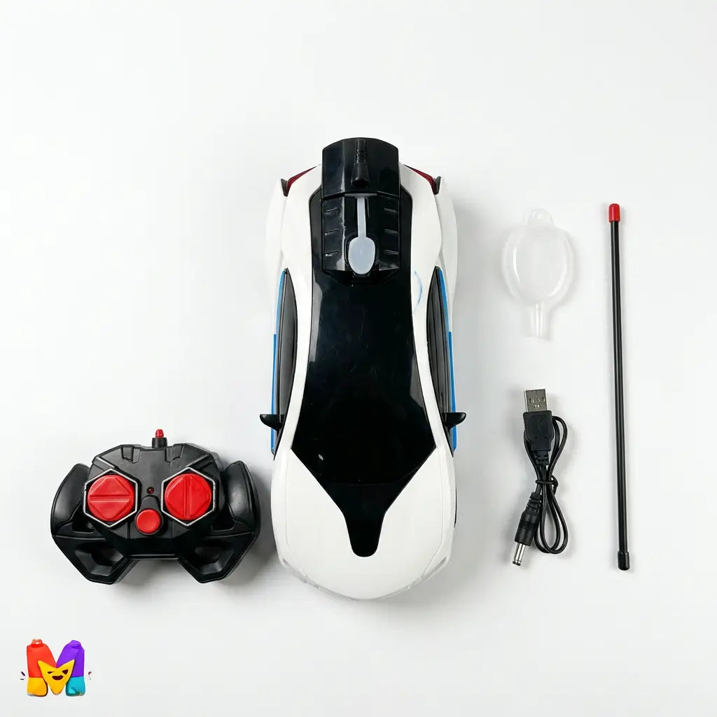 White rechargeable RC spray car with remote controller USB cable and water-filling accessories