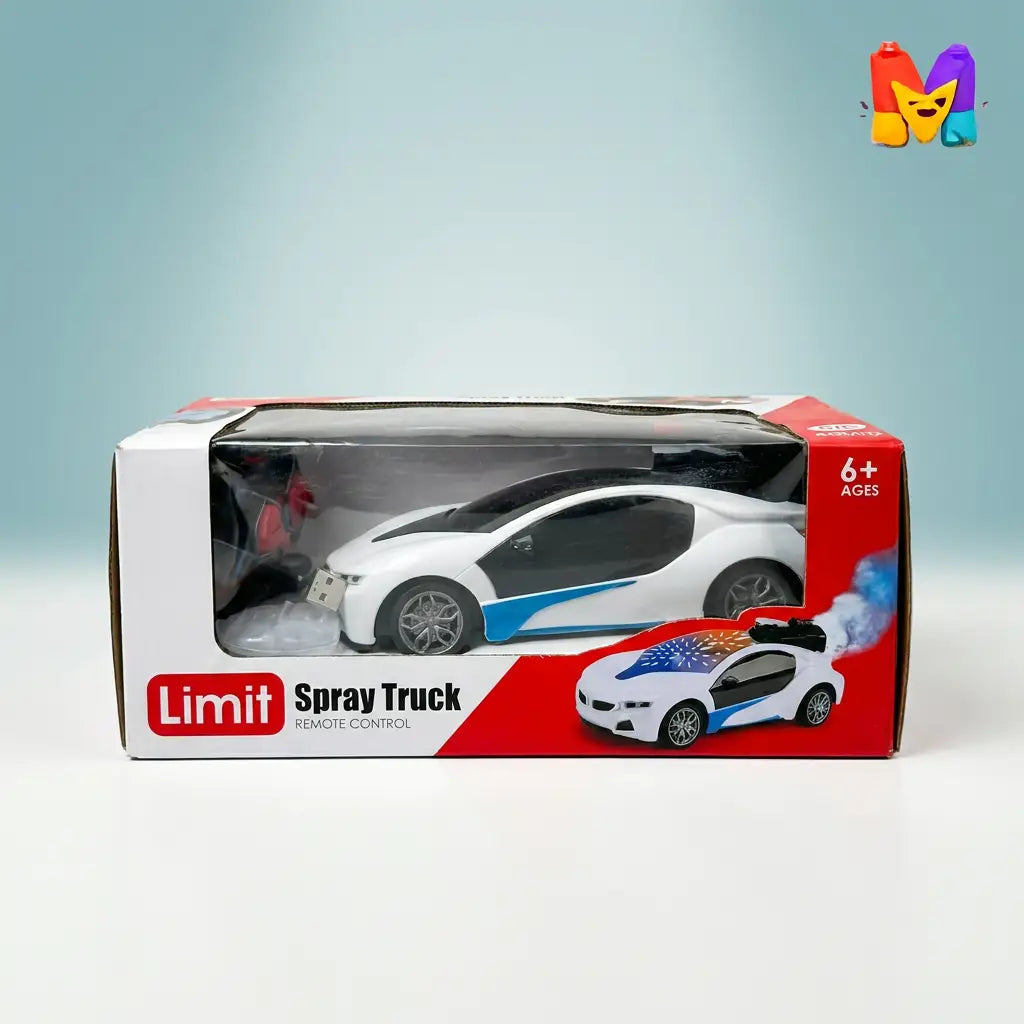 White RC spray sports car packed inside the original window display box for ages 6 plus