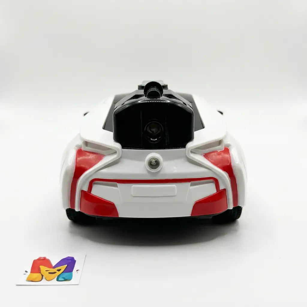 Side view of white RC spray sports car with remote controller and rear water-mist effect`
