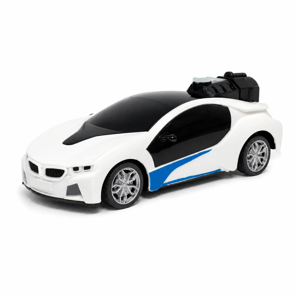A white futuristic sports car with a black roof, blue side stripe, and a black box mounted on top, shown on a plain white background.