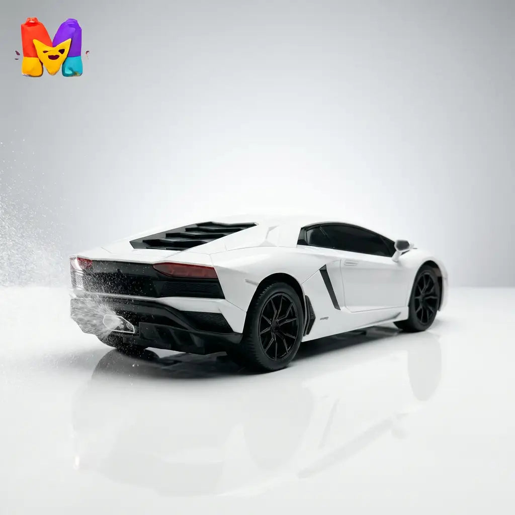 White rechargeable RC spray sports car with blue and red light effect and rear water mist