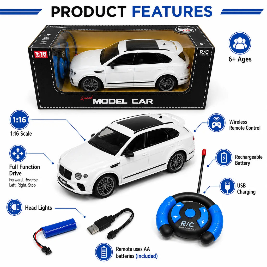 1:16 rechargeable RC SUV car features with remote battery USB charging and headlights