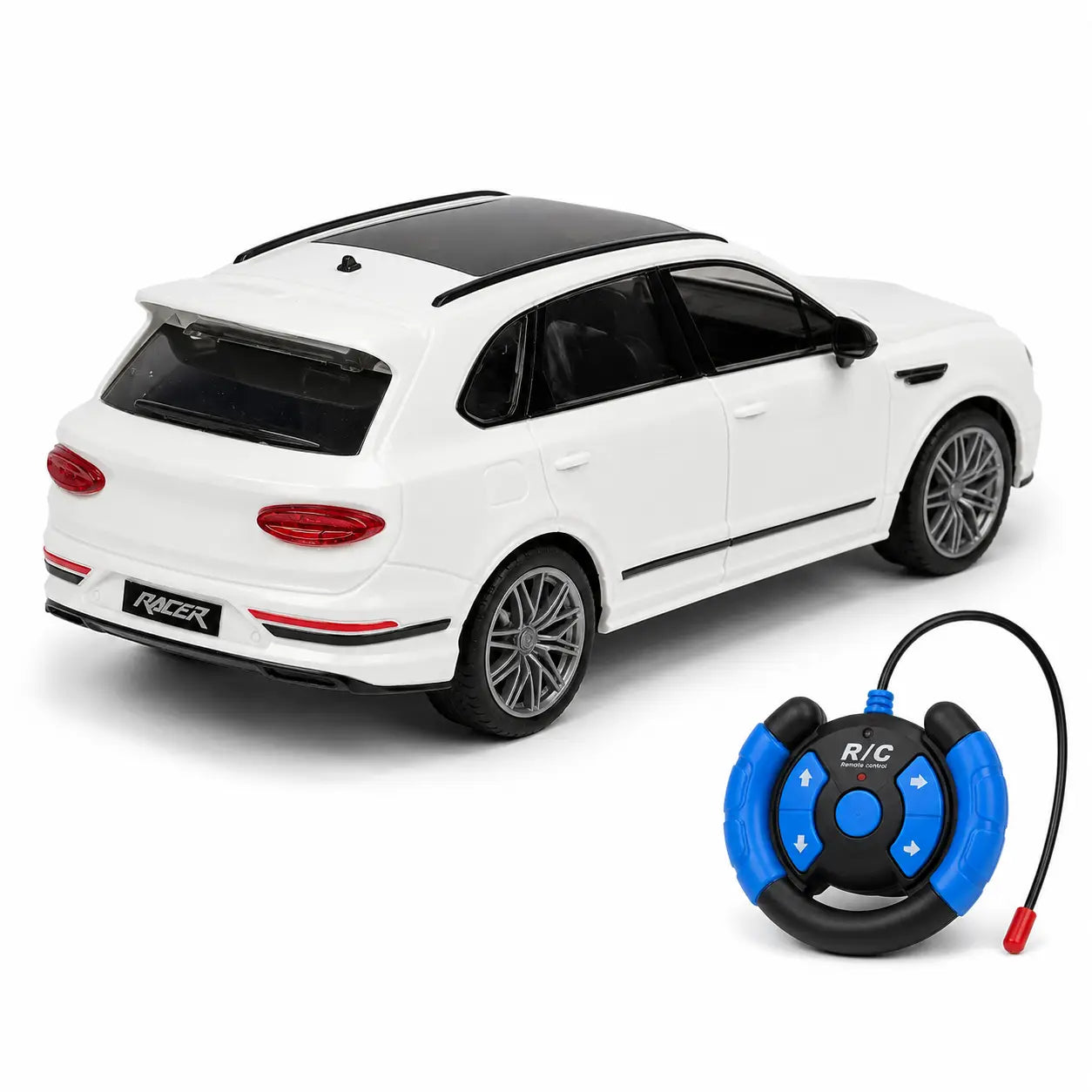 Rear view of white rechargeable remote control SUV car with detailed tail lights