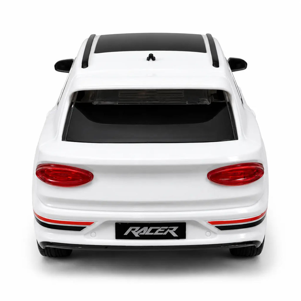 Rear view of white rechargeable remote control SUV car with detailed tail lights
