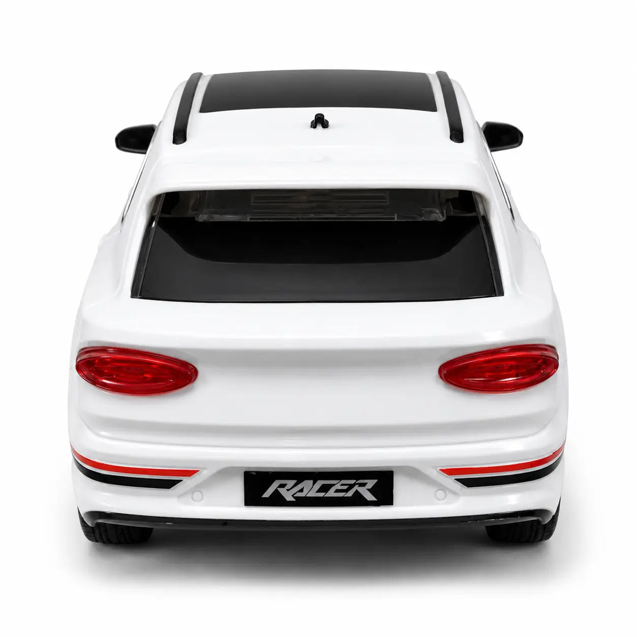 Rear view of white rechargeable remote control SUV car with detailed tail lights