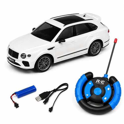White remote control SUV toy car rear three quarter view with blue and black controller