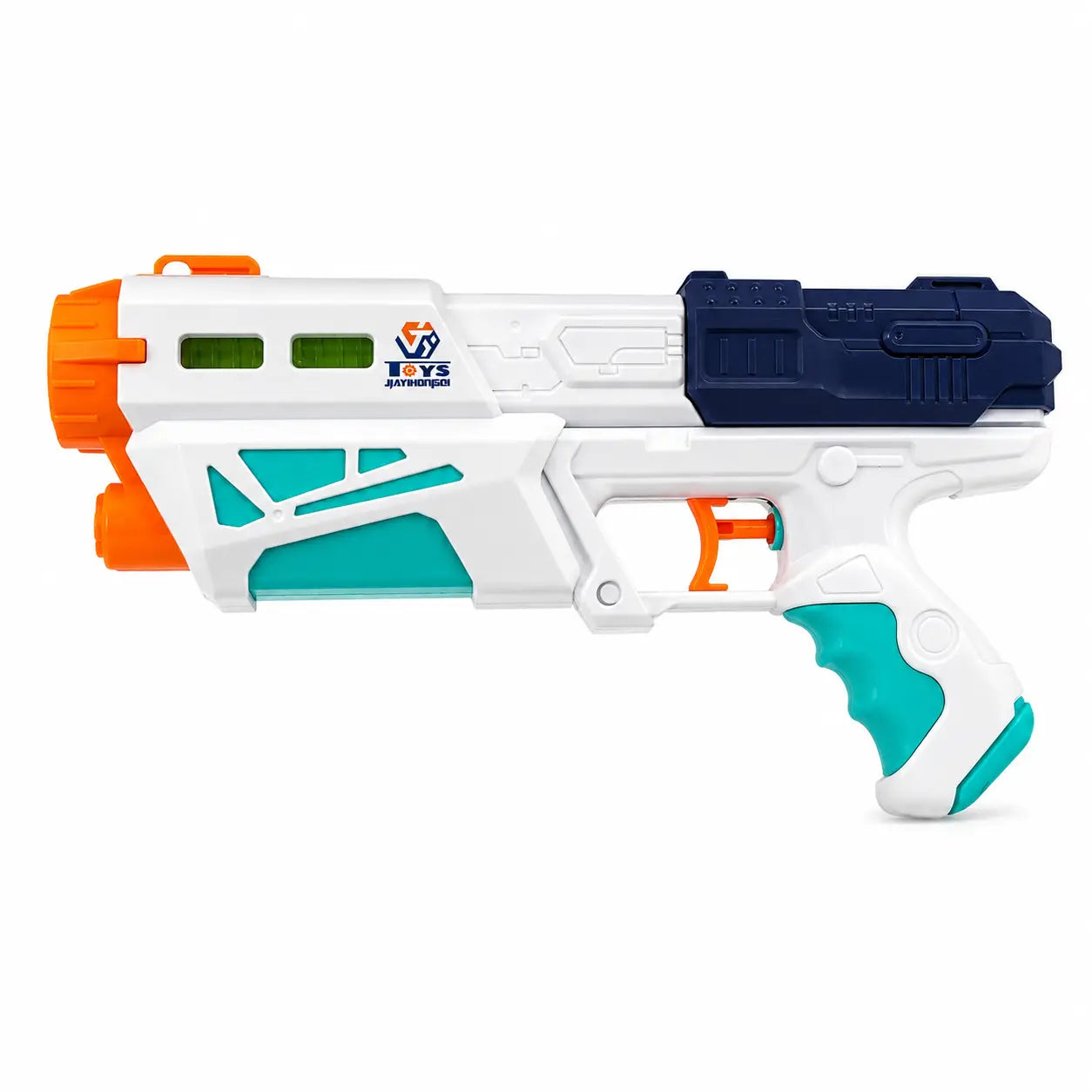 White and teal Magic Toy Blaster with orange trigger shown from the side