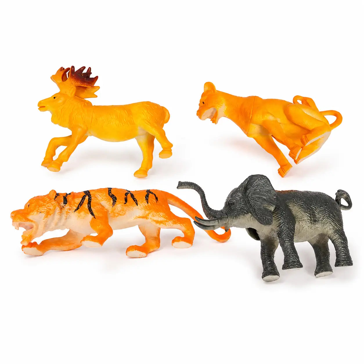 Kids wild animal toy figures featuring elephant tiger antlered animal and orange big cat