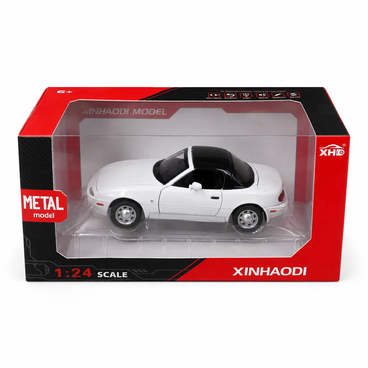 XINHAODI 1:24 Mazda MX-5 white die-cast model car in retail display box
