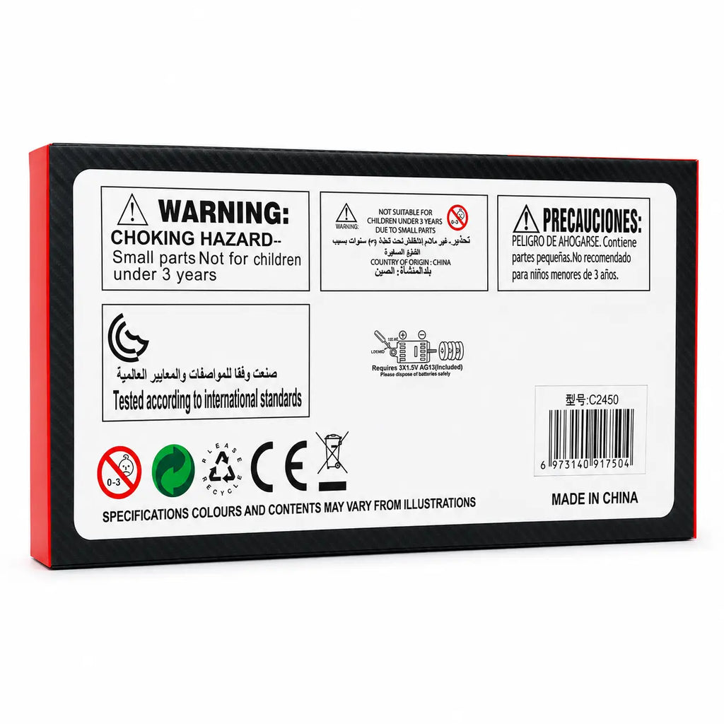 Back of XINHAODI Mazda MX-5 model car box showing battery and safety information