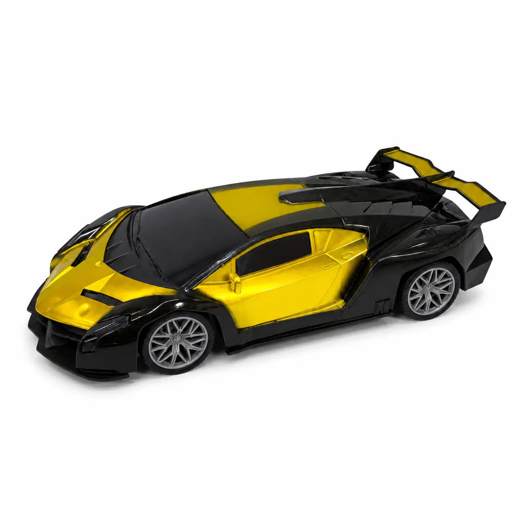 Yellow and black RC racing sports car shown from side angle