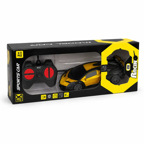 1:24 yellow RC sports car with remote controller displayed in retail box