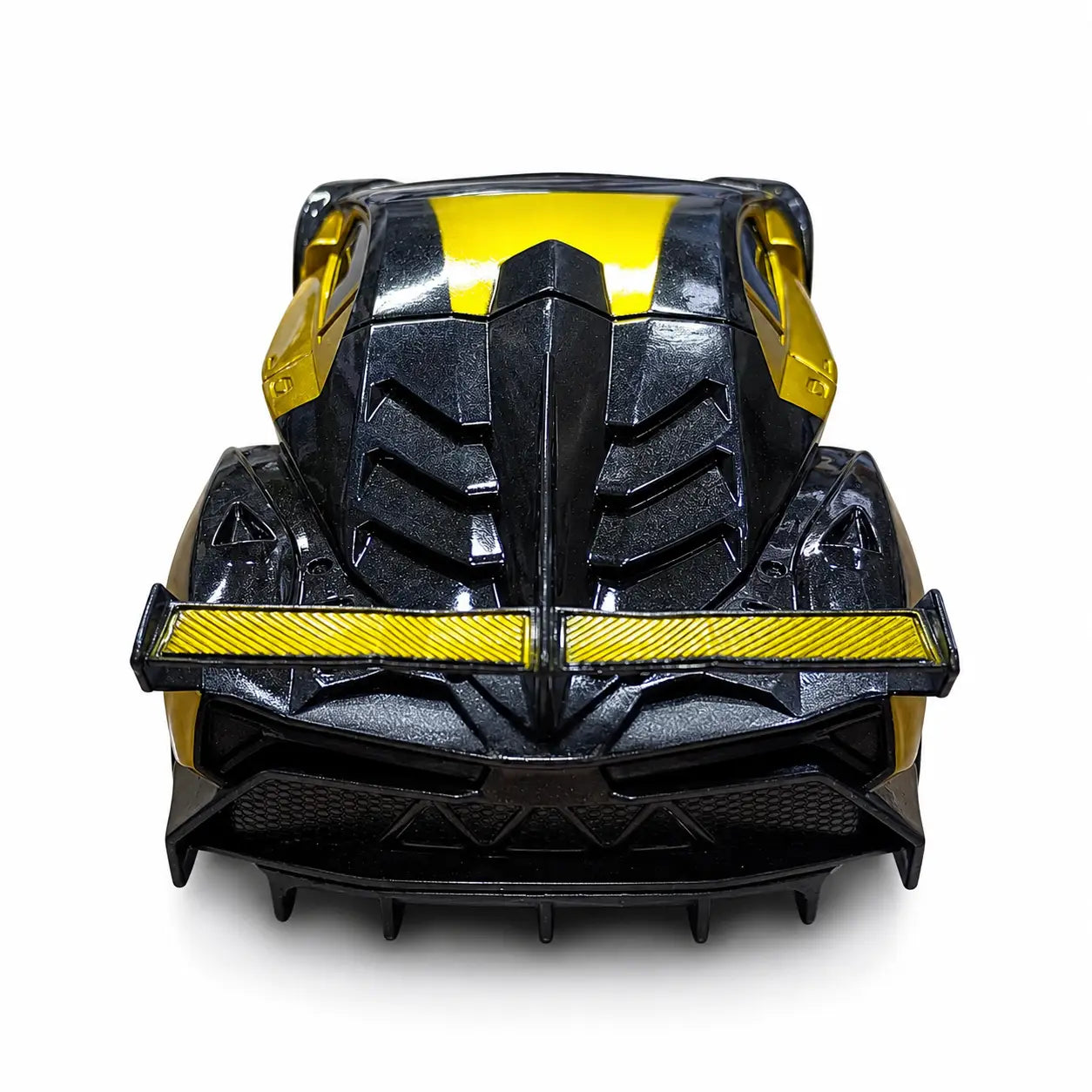 Rear view of yellow and black 1:24 RC sports car with racing spoiler and detailed body design