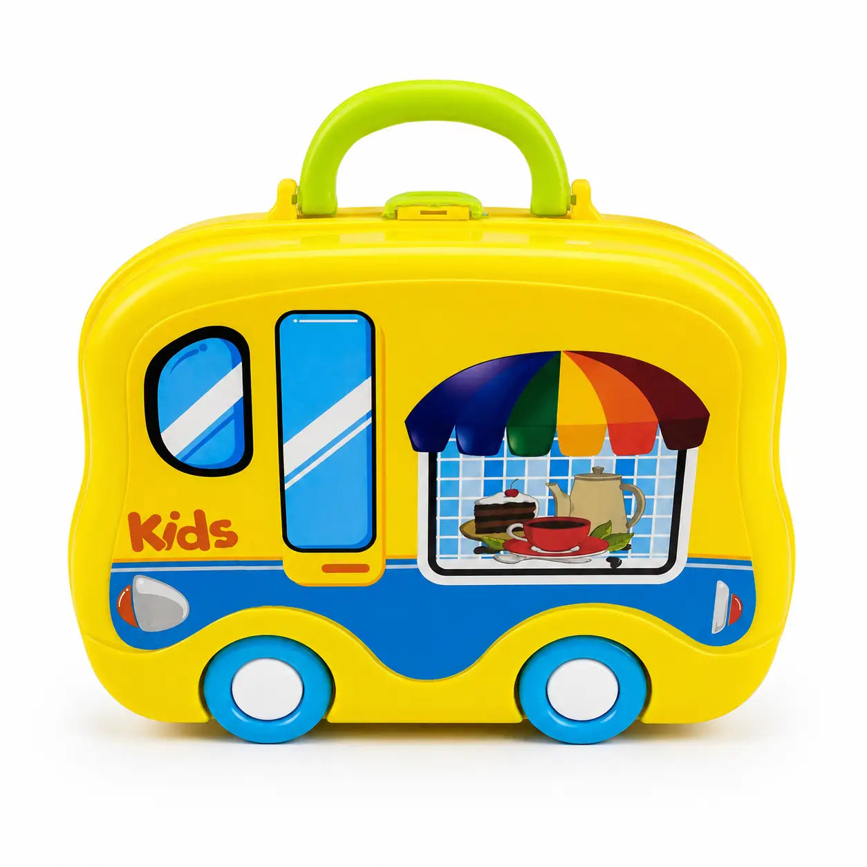 Yellow bus-shaped kids tea party carry case with lime green handle and blue wheel details