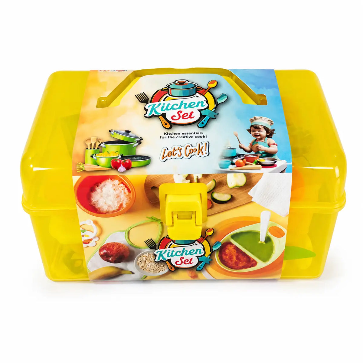 Yellow kids kitchen pretend cooking set in portable carry case