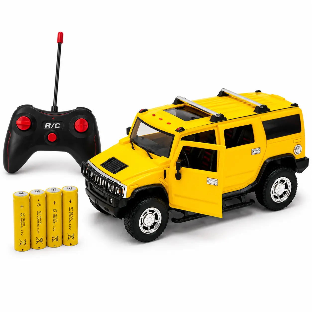 Yellow remote control SUV rear view with roof rails and off-road tyres