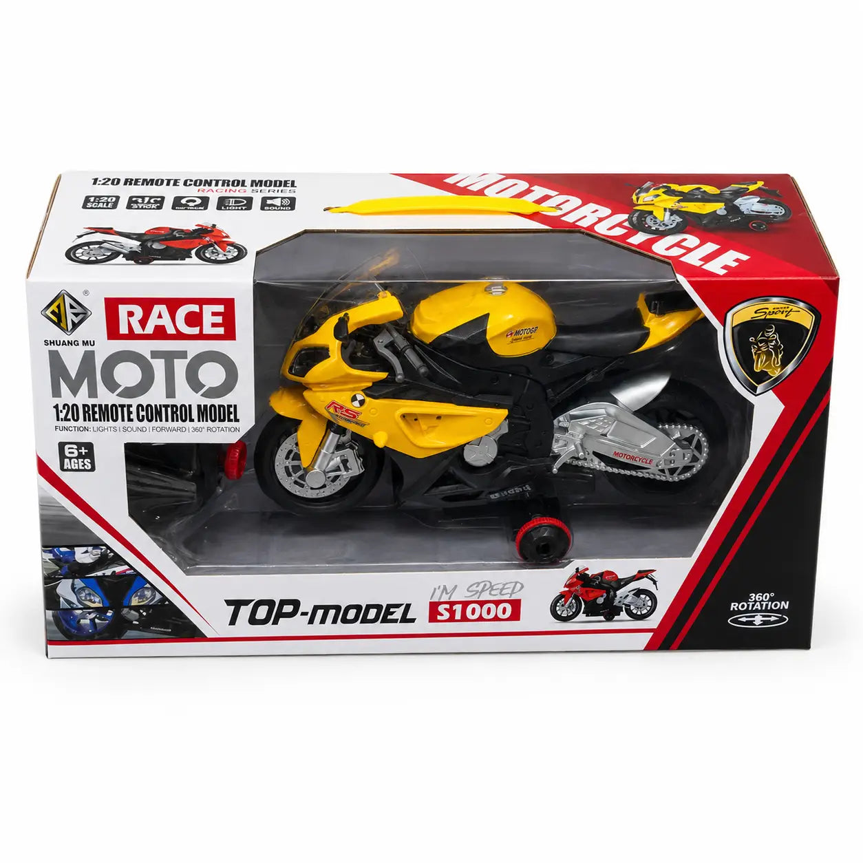 Yellow remote control racing motorcycle toy with lights and sound in retail box