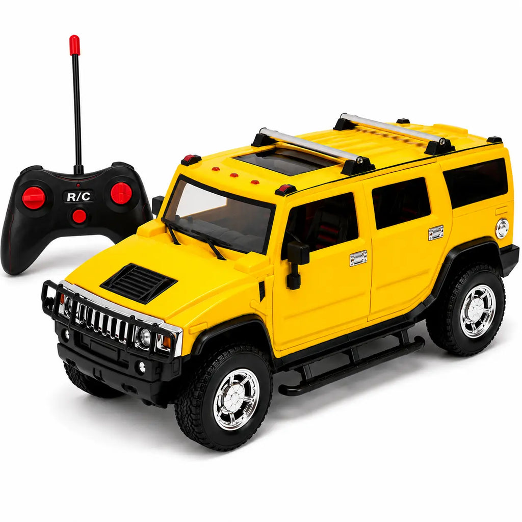 Yellow remote control off-road SUV side view with chrome wheels