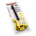 Kids Rockband musical guitar toy with yellow flame graphics in angled packaging view
